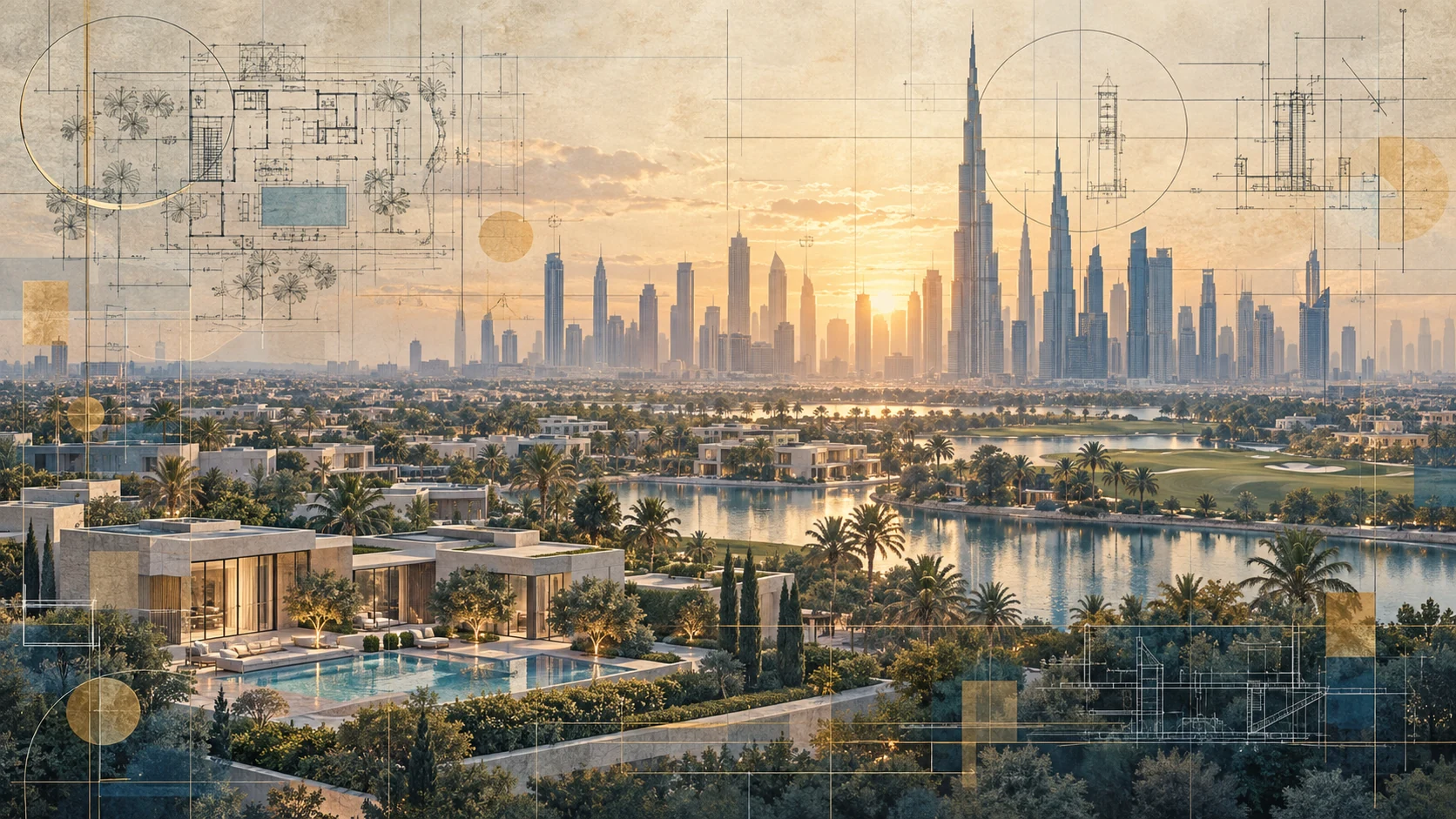 Dubai villas with the Burj Khalifa skyline at sunset